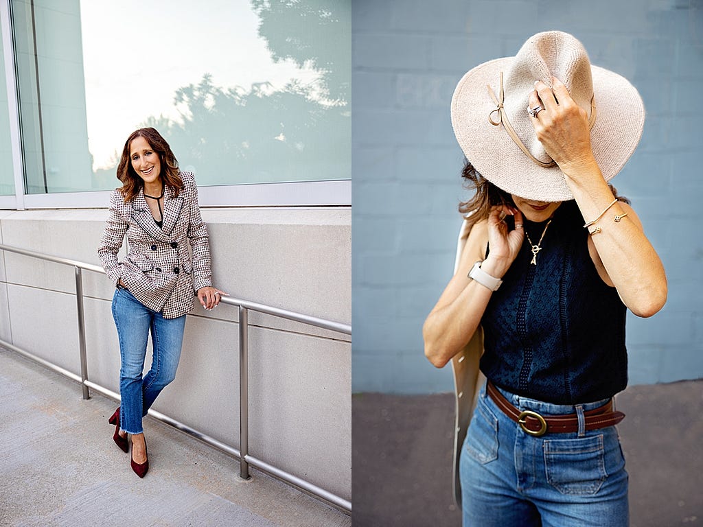 hat, blazer, jeans