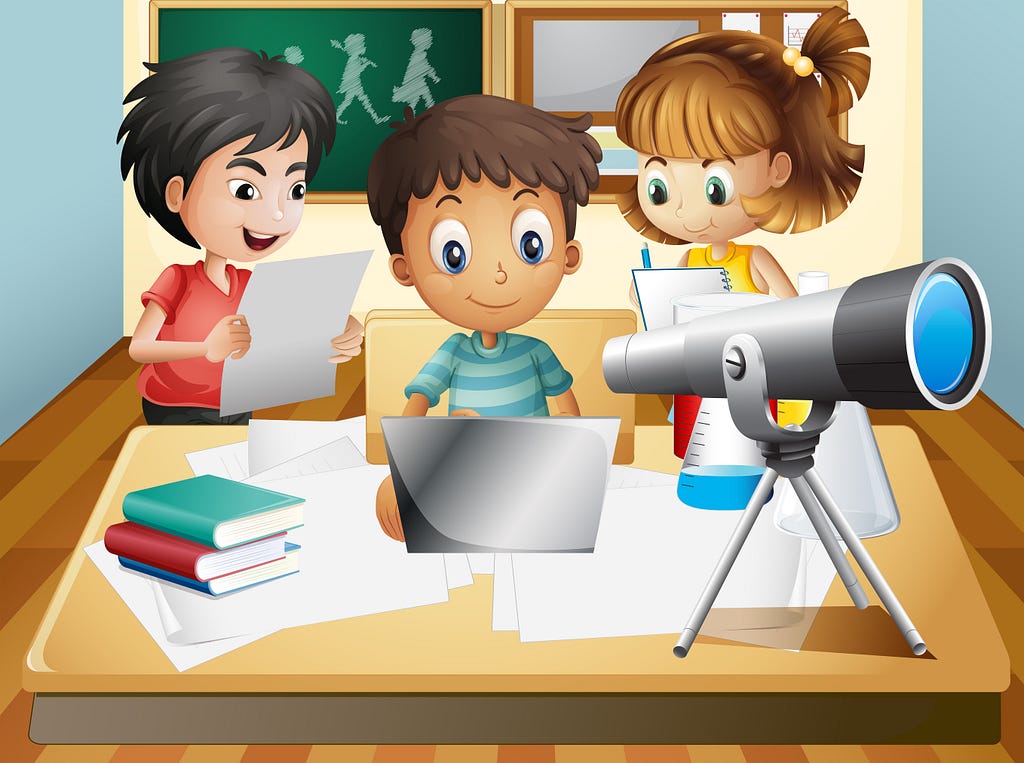 3 kids working on a laptop and telescope. They are reading notes and exploring.