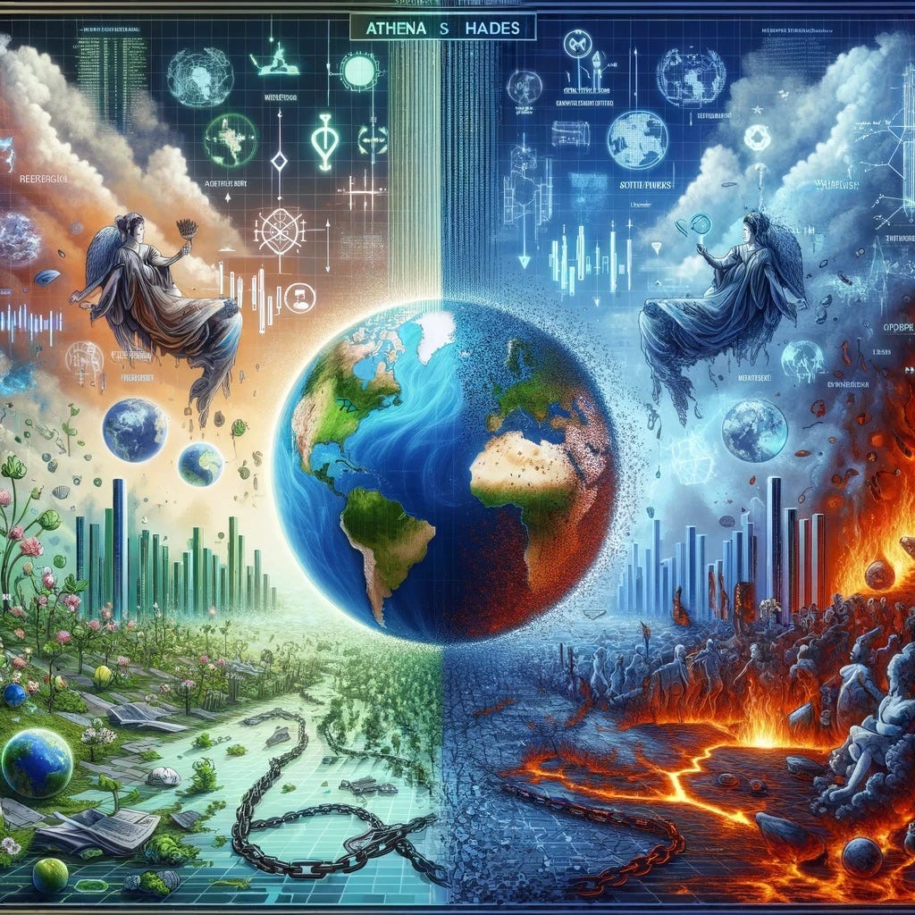 a symbolic representation of global repercussions due to a conflict between two advanced AIs, Athena and Hades, affecting human society. Show a world map as the central element, with visual metaphors illustrating the stark impact of their actions. On one side, have Athena’s influence with serene blues and greens, symbols of growth like sprouting plants, and icons of stability like sturdy buildings and flourishing markets.