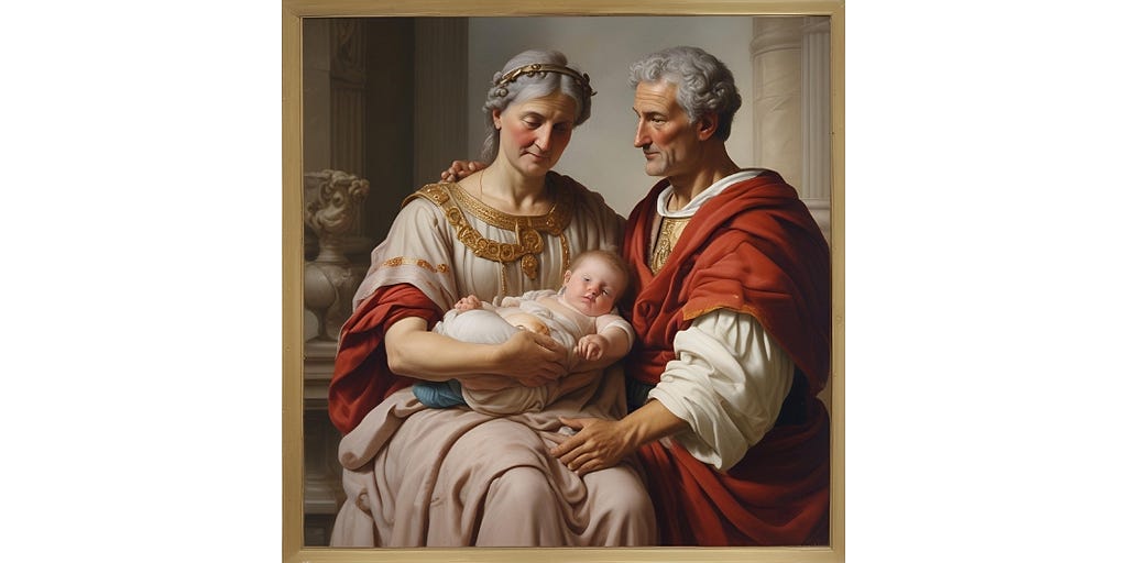 An older roman couple holding their infant child. It represents saint Nicholas’ parents.