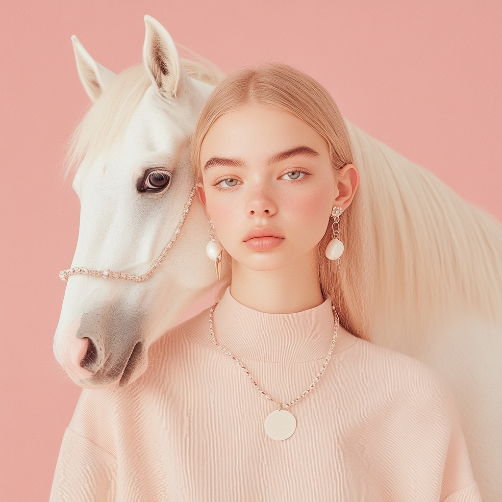 A beautiful 18 years old yound lady, wearing beige minimalistic costume, jewellery, standing beside a white horse, cosmodrome on the background, steven meisel style, photorealistic, vogue style