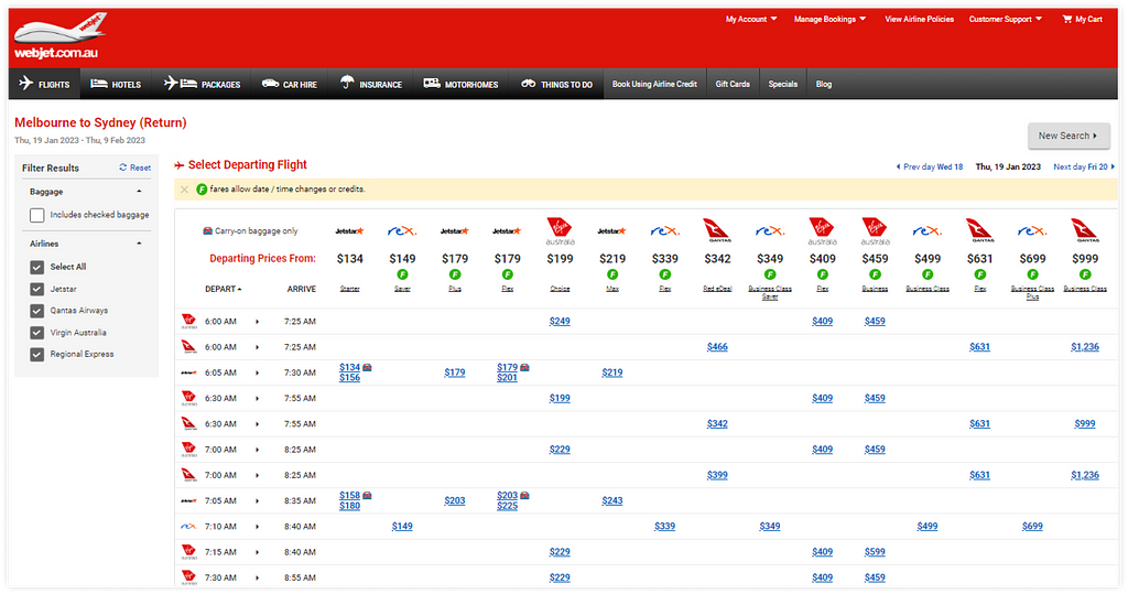 Picture of selecting flights, the website looks very cluttered and difficult to identify which flight would be suitable to ride.