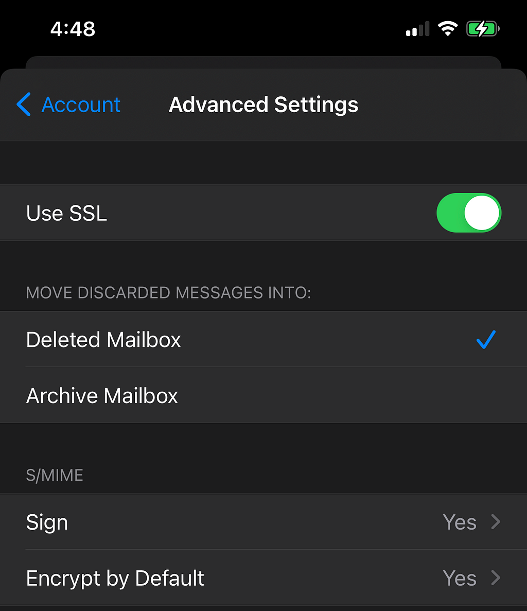 Advanced S/MIME section in Apple Mail on iOS