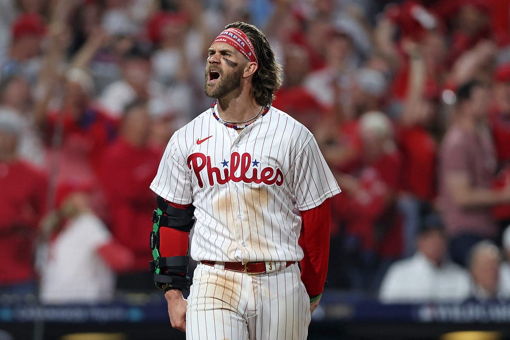 Philadelphia Phillies designated hitter Bryce Harper (3) reacts after scoring a run against the Miami Marlins in the eighth inning for game one of the Wildcard series for the 2023 MLB playoffs at Citizens Bank Park. Credit: Bill Streicher-USA TODAY Sports