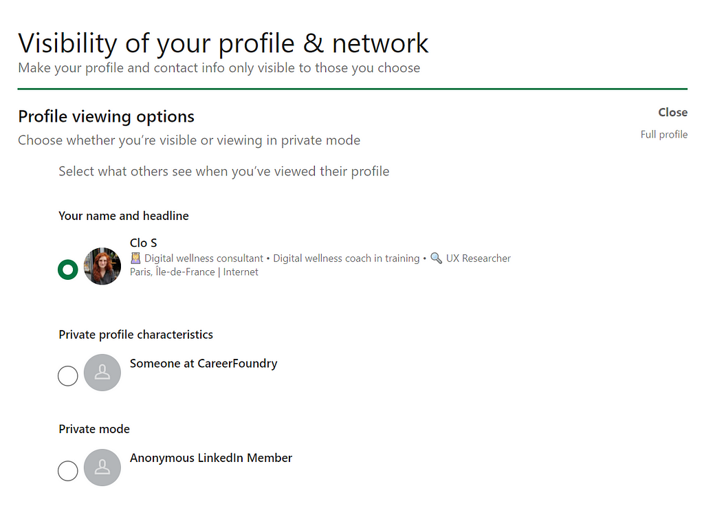 Screenshot from LinkedIn settings, with different options of profile visibility offering more or less privacy