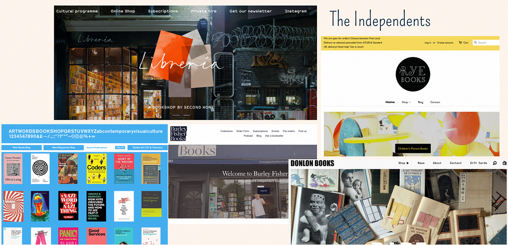A collage of images from bookshop competitor websites.