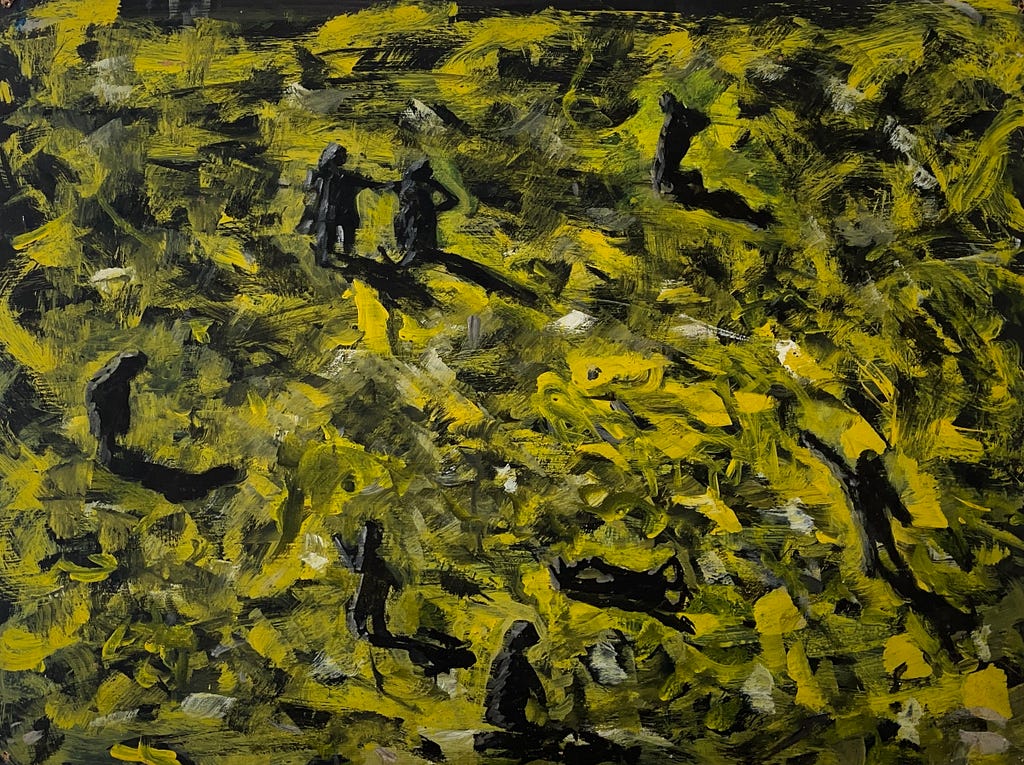 Untitled painting done by the author at 12 years old. Depicts dark figures and their shadows standing randomly in a mottled  environment, leaning towards shades of yellow.