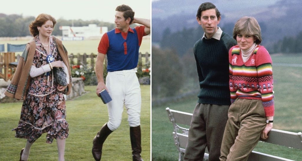 Lady Sarah Spencer and Prince Charles in 1977; Prince Charles and Princess Diana and Balmoral, 1980.