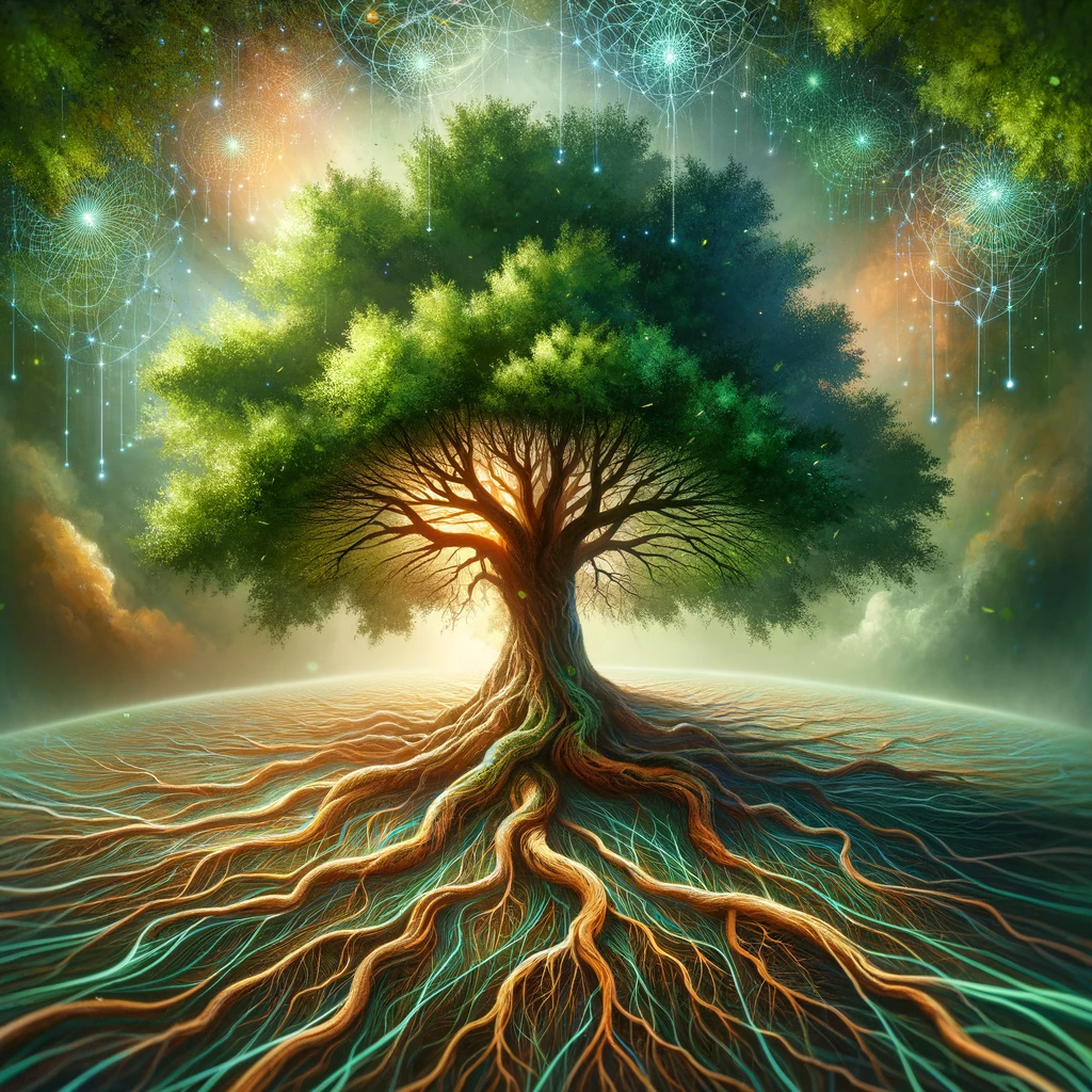 A vibrant image of a large tree with extensive branches and roots reaching out to smaller trees and plants, symbolizing organic control and natural coordination.