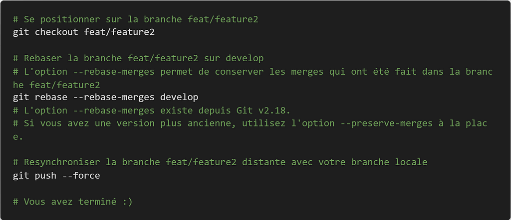 Commandes permettant d’effectuer le rebase