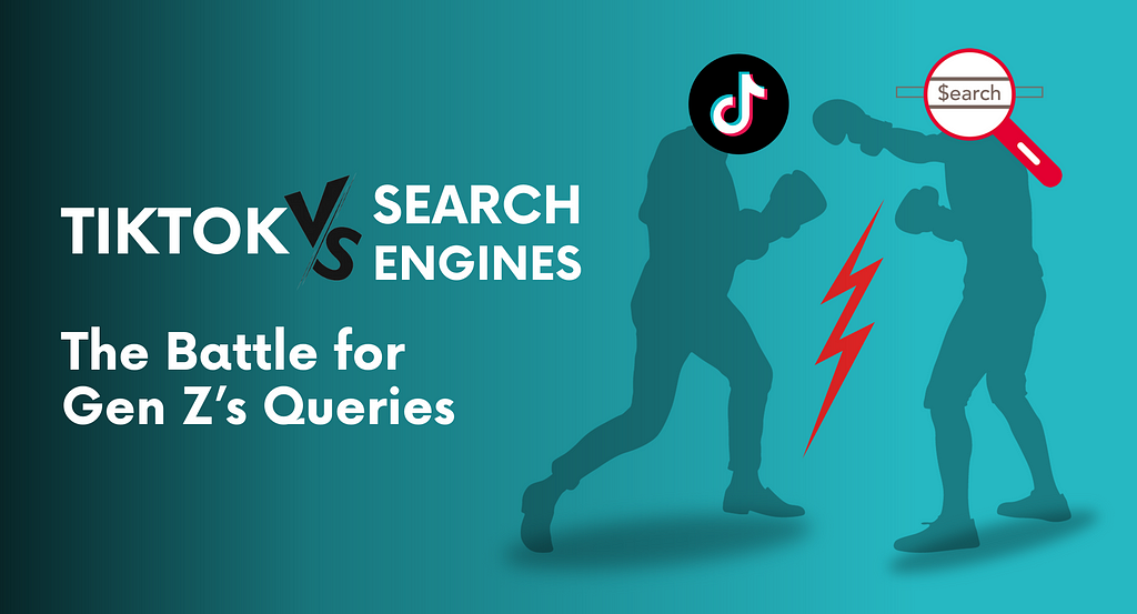 A blue background picture on which Tiktok & Search Engines (symboled as two human shadows in blue fighting). there’s a symbole of tension between them. On the left of the picture, “TikTok VS SEARCH ENGINES: The Battle for Gen Z’s Queries.