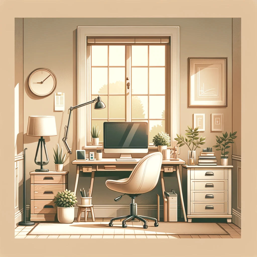 A tranquil workspace bathed in golden light, where focus flourishes and distractions dissolve.