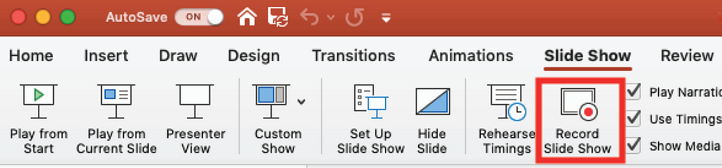 The toolbar of Powerpoint with the Record Slide Show button selected.
