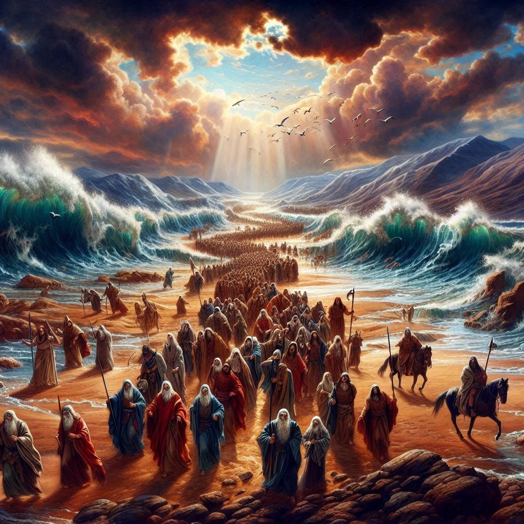 Moses parting the Red Sea.