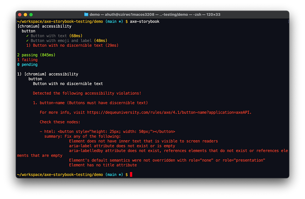 Terminal output of the axe-storybook-testing CLI running accessibility tests for a Button component.