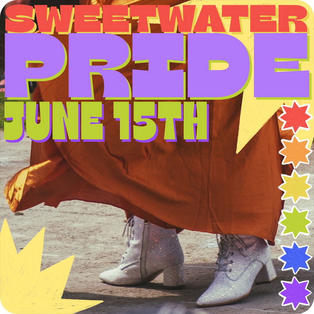 A Sweetwater Pride poster with a twirling bright orange dress & white high heeled shoes in the background. Large sans-serif letters display, “Sweetwater Pride.” Just beneath that text it says, “June 15th” in smaller text