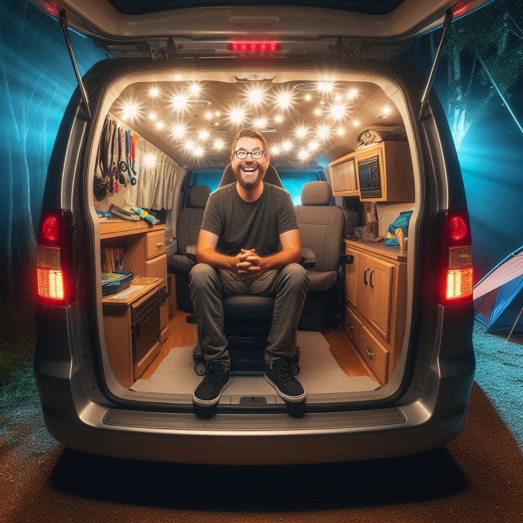 minivan camper at a campsite with custom interior lighting inside