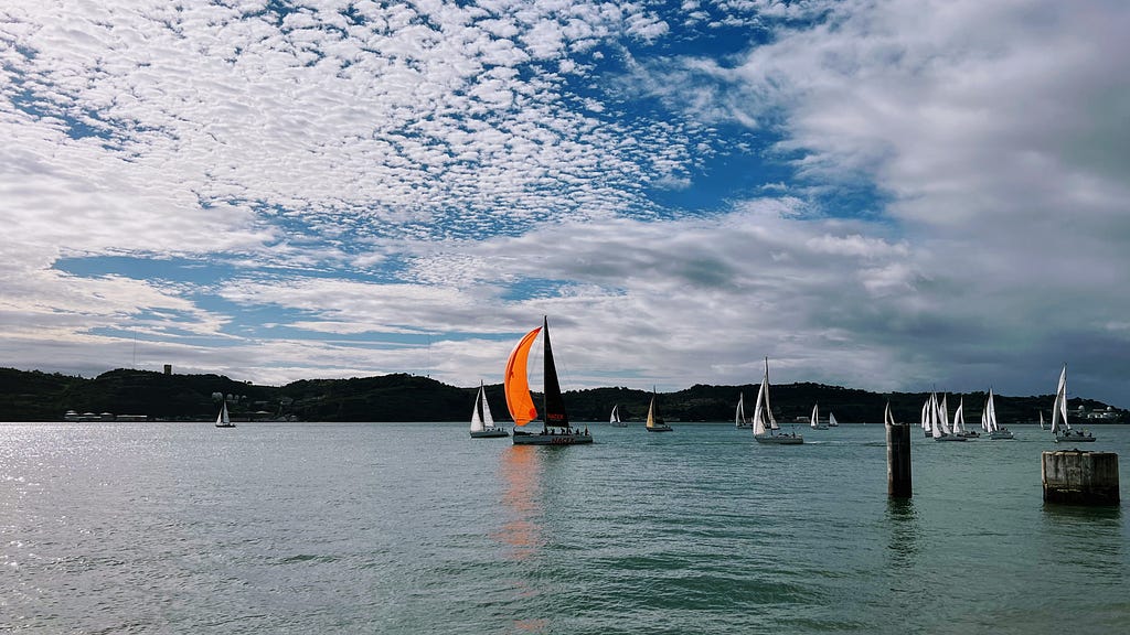 An orange, vibrant color sailboat on the background of many other white sailor boats that sail on the Tagus River.