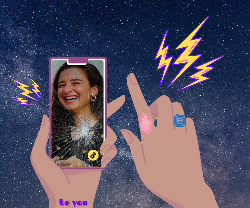 Cartoon hands holding a phone with a broken screen with a picture of the author on a starry background with cartoon lightning bolts.