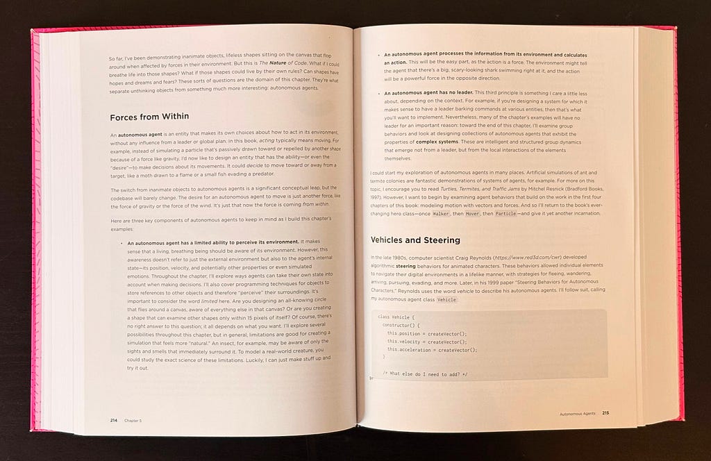 The Nature of Code / Daniel Shiffman (2012). Notice the pink border all around, that’s the magic of hard covers.