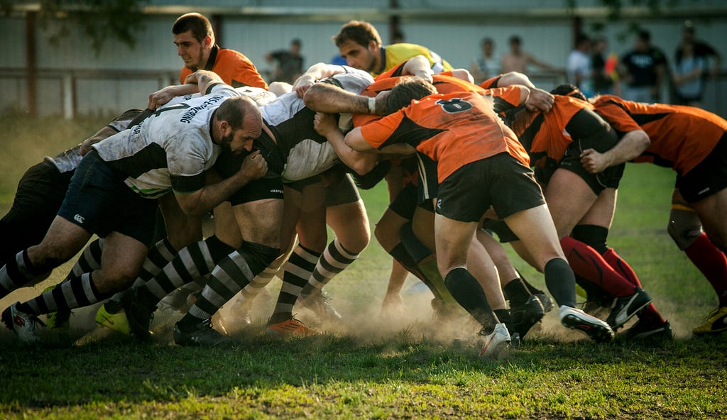 Moscow Rugby team ferociously locked in a scrum against their opponent