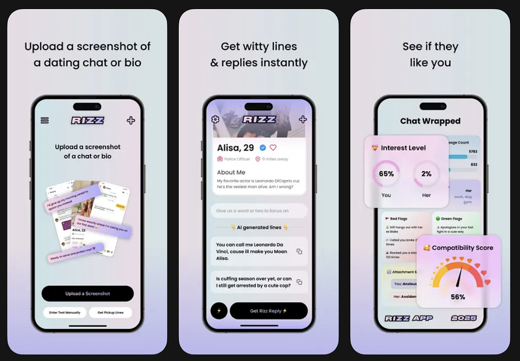 Three mobile screenshots of Rizz dating app showing: uploading chat or bio screenshots, AI-generated witty conversation lines for a profile named “Alisa, 29”, and a compatibility analysis dashboard displaying 65% interest level and 56% compatibility score with red and green flags.