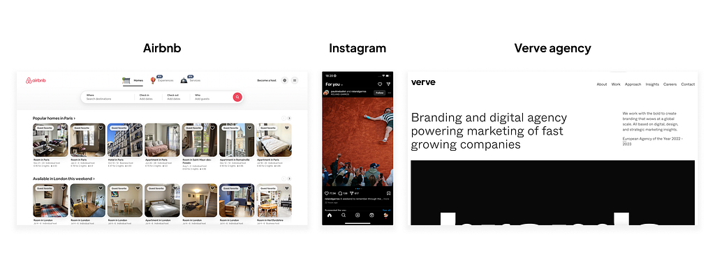 Screenshots of Airbnb, Instagram, and Verve agency website. Instagram post by paulineballet.