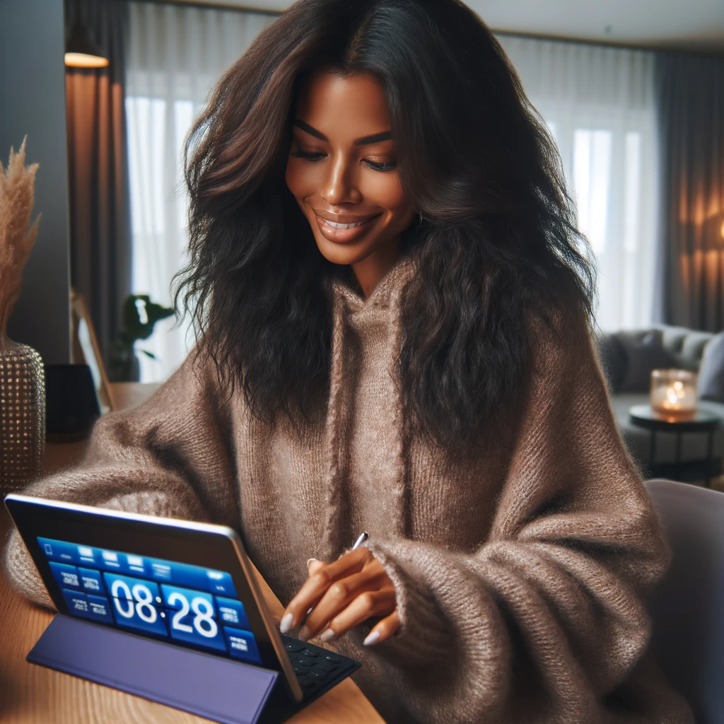 Black woman in her early 40s with long wavy hair, smiling and engaging with a tablet in a stylish home office with a purple theme and a cozy oversized hoodie.