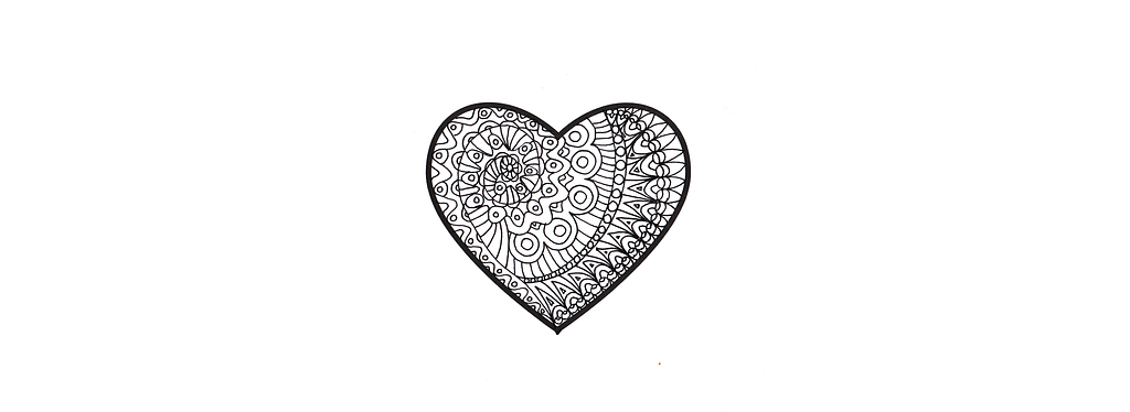 A heart filled with black and white doodles