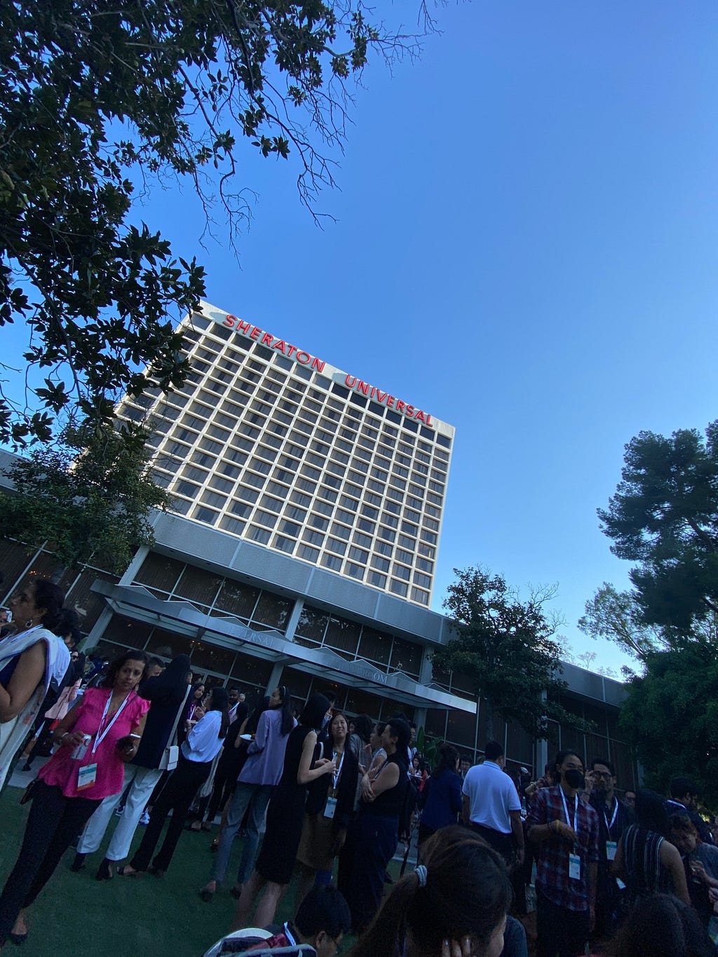 view looking upwards at the Sheraton Universal hotel in LA