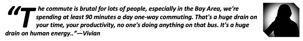 “the commute is brutal for lots of people, especially in the Bay Area, we’re spending at least 90 minutes a day one-way commuting. That’s a huge drain on your time, your productivity, no one’s doing anything on that bus. It’s a huge drain on human energy.”—Vivian