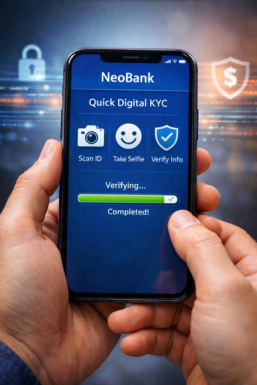 A smartphone screen showing a ‘Quick Digital KYC’ process with icons for Scan ID, Take Selfie, and Verify Info, with a green progress bar at ‘Completed’.