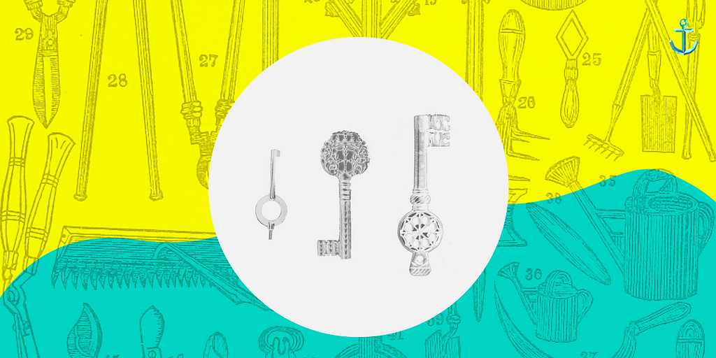 3 keys over a background of an illustration of tools