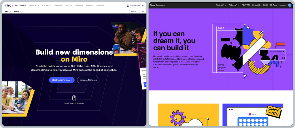 A composition of two screenshots of Miro and Figma’s landing pages for developers. The first screenshot shows Miro’s landing page, prompting users with a call to action labeled “Start building now”. The second screenshot shows Figma’s landing page, which offers a menu of various topics like “Plugin API,” “Widget API,” “REST API,” etc.