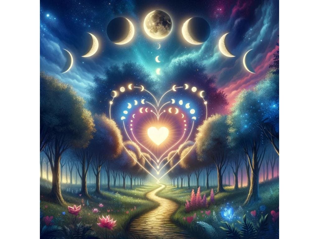 A mystical path leading to a glowing heart under a moonlit sky, symbolizing the journey to finding a moon phase soulmate.