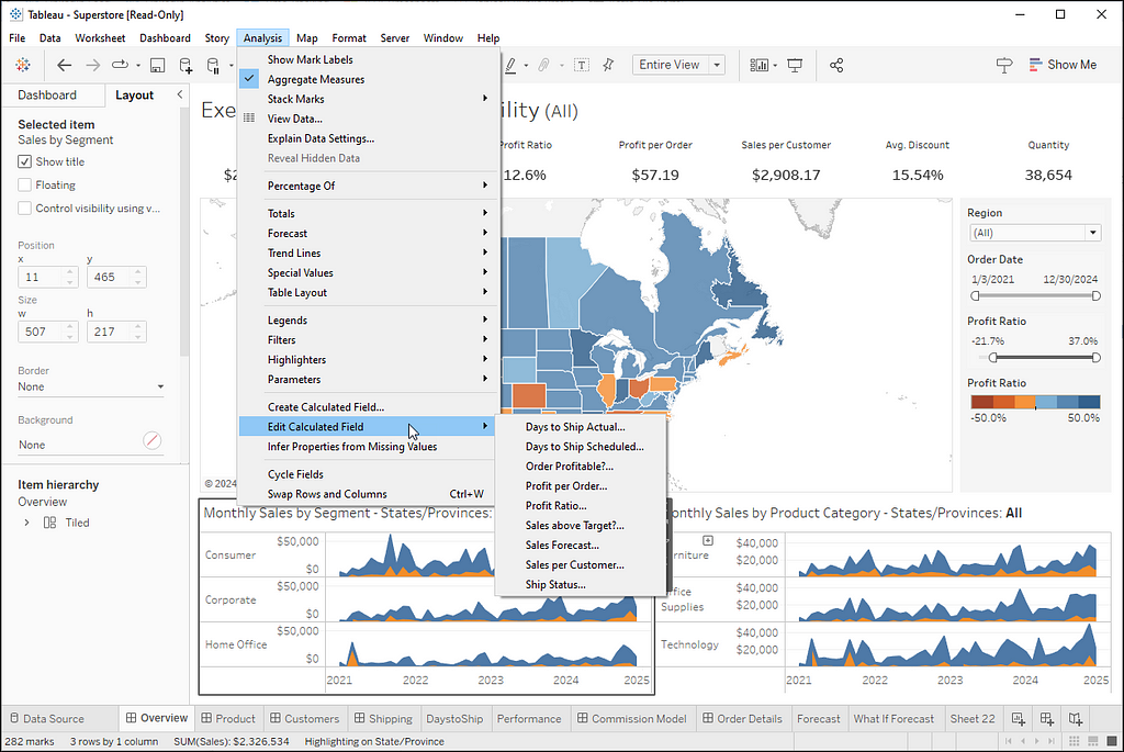 Dashboard showing the main menu pulled down to Analysis > Edit Calculated Field; all the caluclations in the workbook are listed in a submenu.