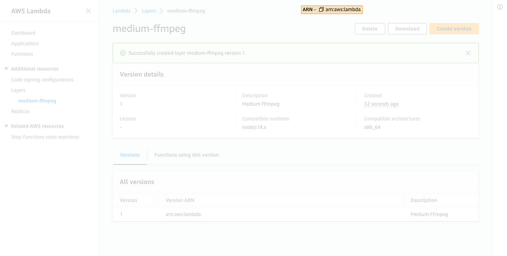 Layer screen with ARN resource ID highlighted in order to copy-paste it