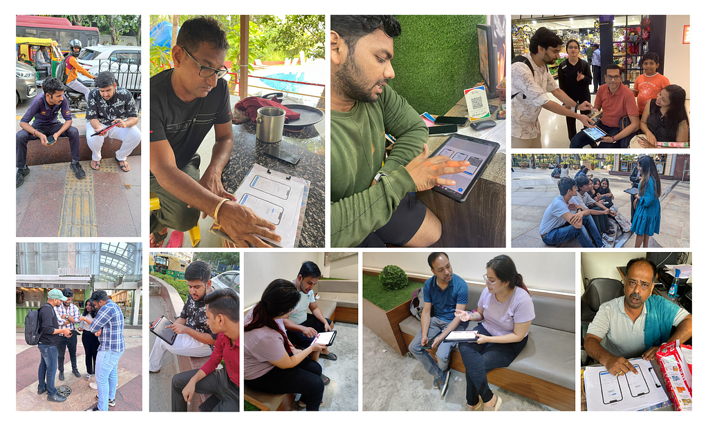 A collage of multiple user testings happening at various locations across India conducted by our team