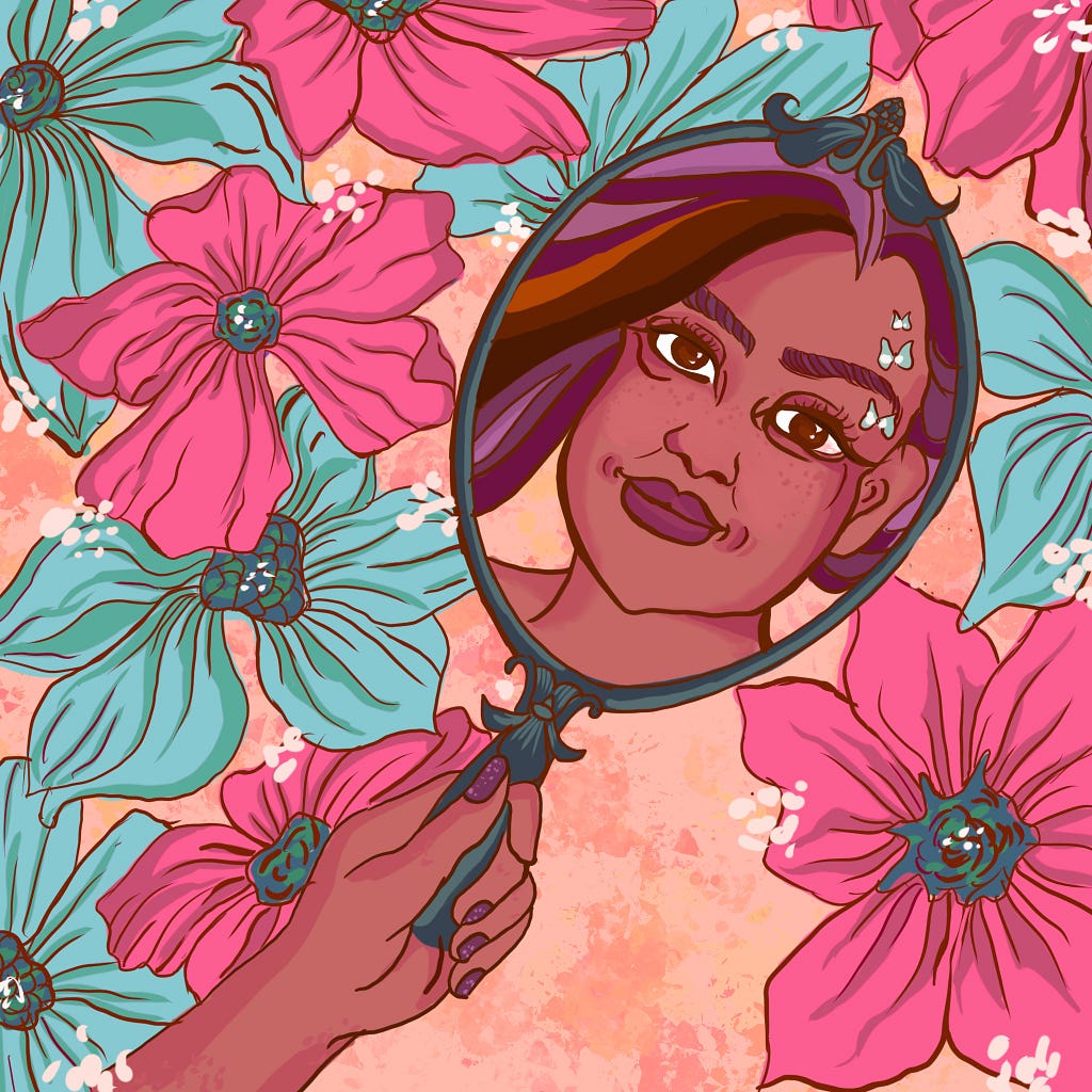 Illustration: Against a background with pink and light blue flowers. there is the hand of a person holding a mirror. In it, we see the face of a person who is smiling. Three blue butterflies are flying over their left eyebrow. Credit: Ritika Gupta