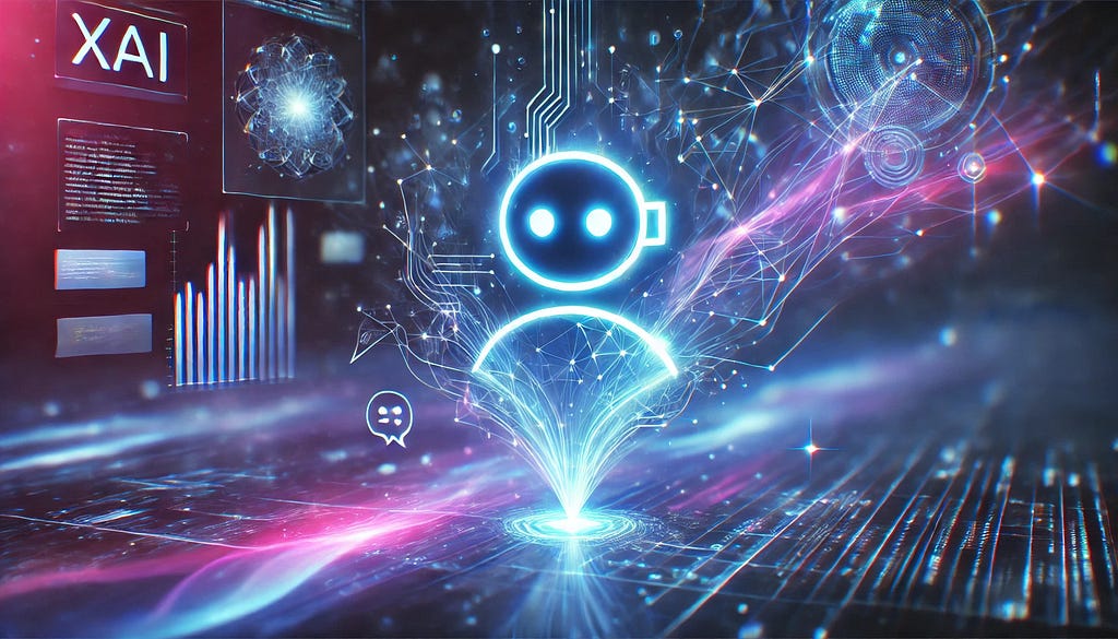 xAI 2025 AI breakthrough visualized with glowing neon data streams and Adaptichat chatbot icon against a starry cosmic background