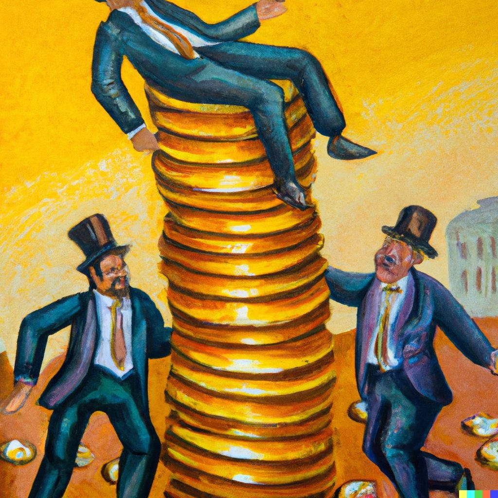 Fat cats playing on stacks of gold