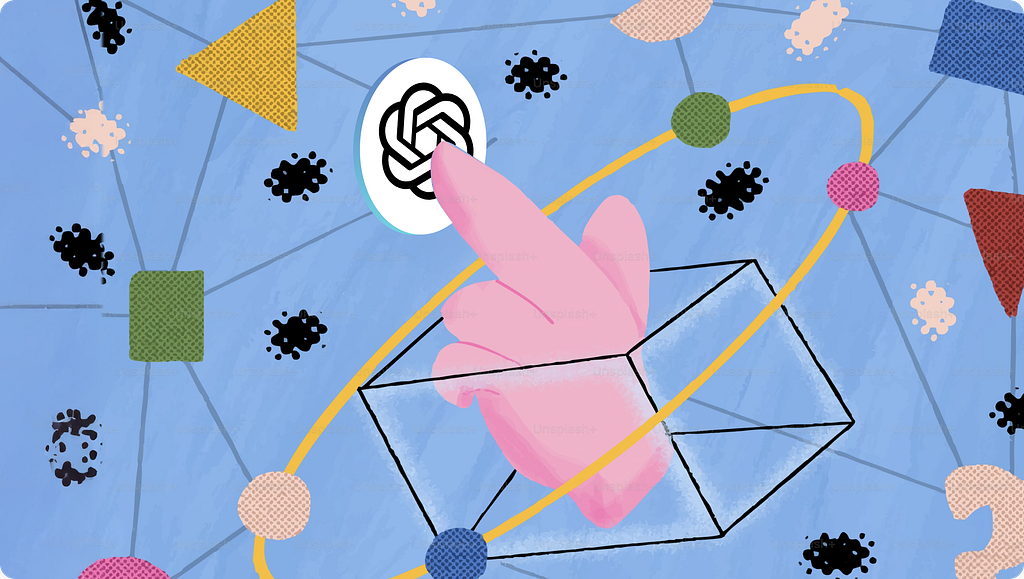Illustration of a hand pressing the ChatGPT logo, surrounded by abstract shapes, nodes, and connecting lines on a blue background, suggesting interaction within a networked system.