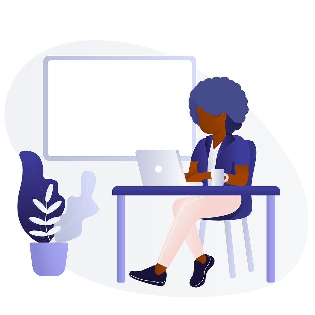 Illustration of Black woman with natural hair using a laptop