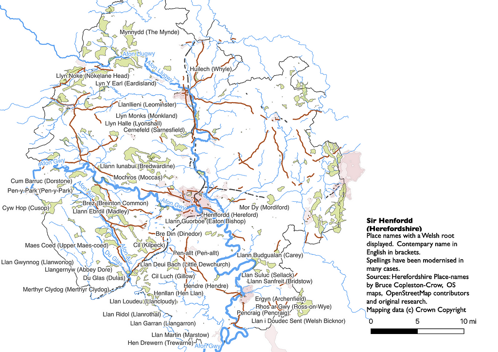 A simplified map of Herefordshire showing the main rivers, patches of green and Welsh names which occur almost entirely to the left hand side of the map and are more concentrated at the bottom