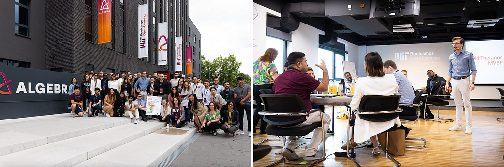 Left photo: A group of approximately 50 adults of different genders and nationalities wearing business casual clothes pose outside of an Algebra University building with banners for MIT Bootcamps at Open Learning in the background. Right photo: Candid group discussion between Paul Cheek, who is standing and speaking into a microphone, and 9 seated adults of different genders and races. The wall behind them says “MIT Bootcamps at Open Learning.