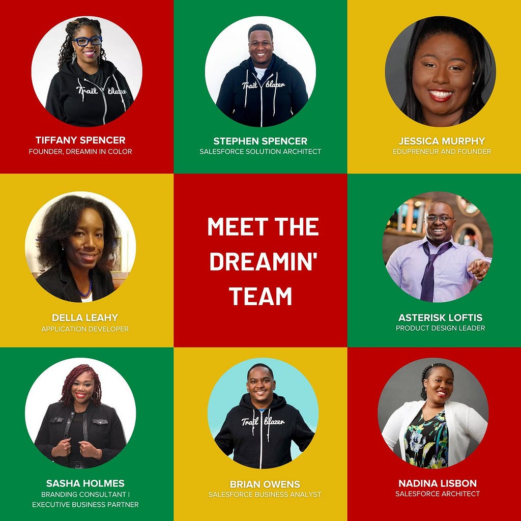 A grid of red, green, and yellow squares with three across and three down for a total of nine squares. The middle square says meet the Dreamin’ team. Each square around the middle square features a photo of one of the team members and below their photo is their name and job title.