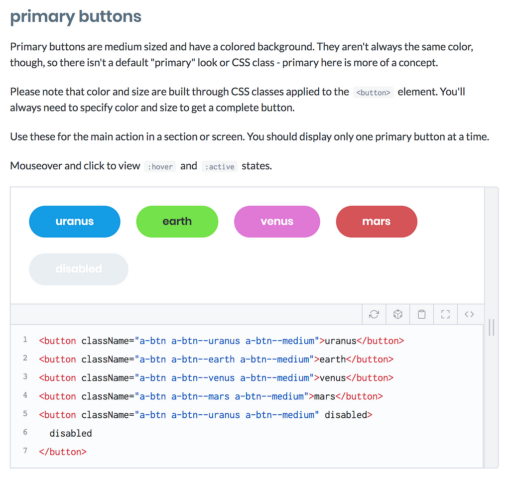 Print da documentação do Astro mostrando os botões renderizados e, abaixo, o exemplo do markup e estrutura de classes CSS