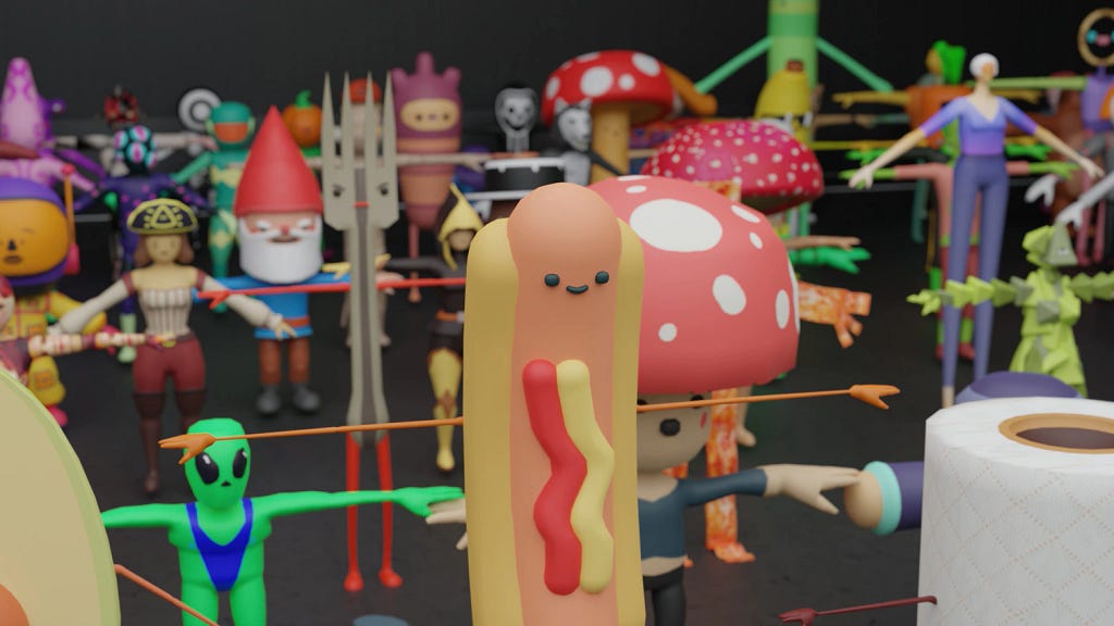 100Avatars Round 1 with all the avatars in T-pose with HotDog in front