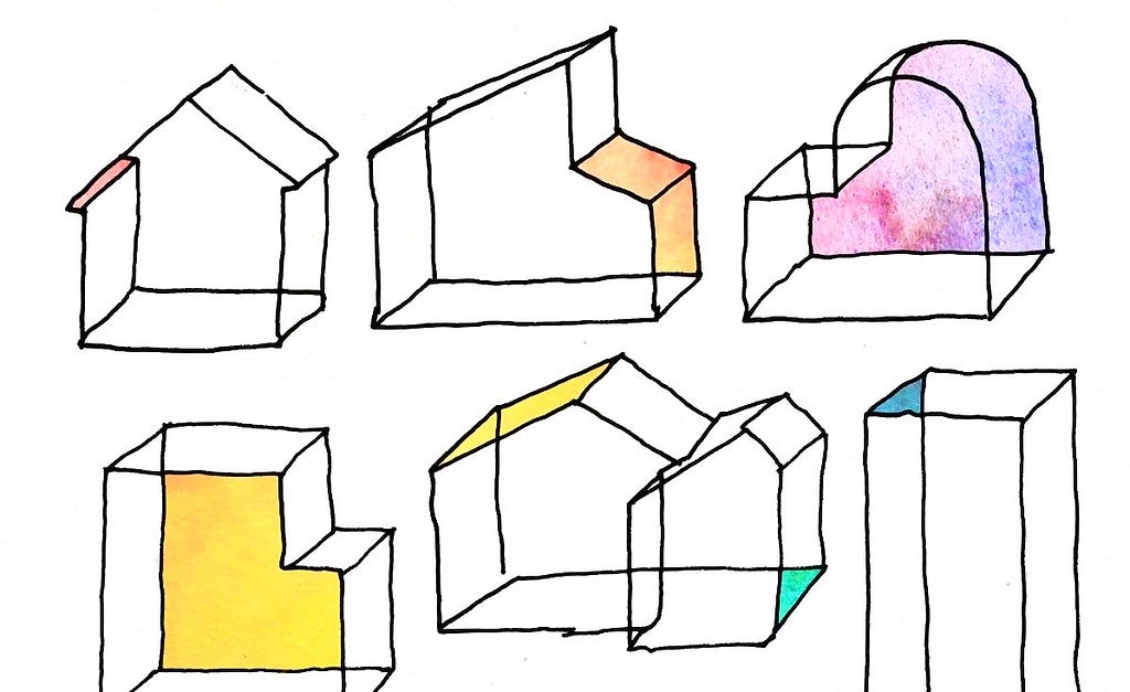 Poetics of space book cover, illustrated by Nick Misani, a series of line drawings of three dimensional shapes with different areas filled in with colour