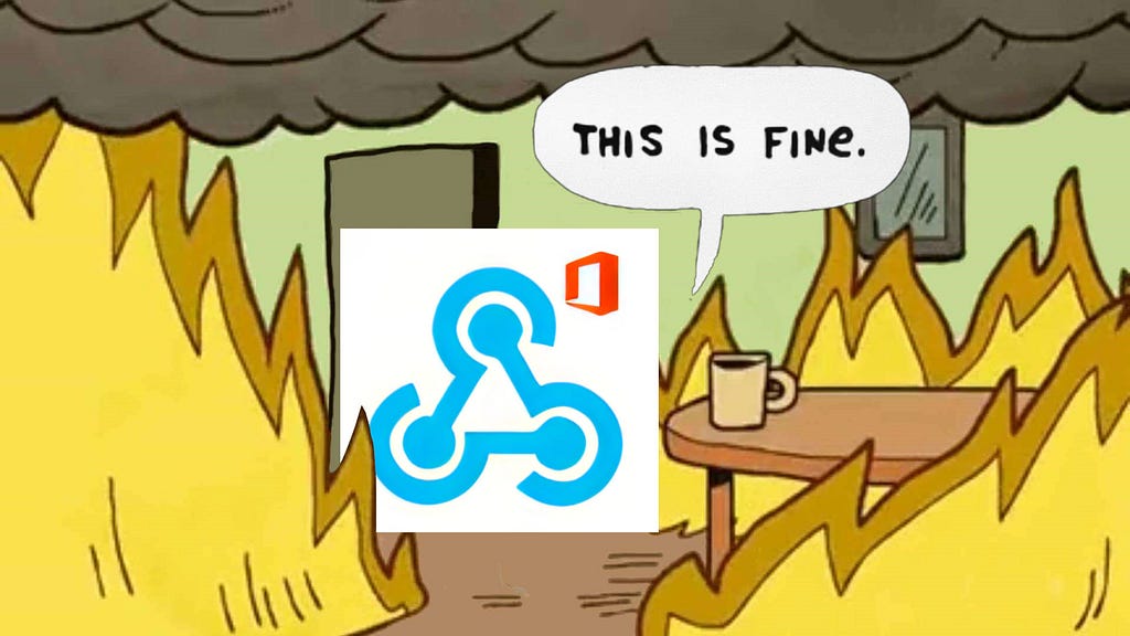 the Microsoft teams webhook logo saying “this is fine” in a room in fire, insipired from the meme